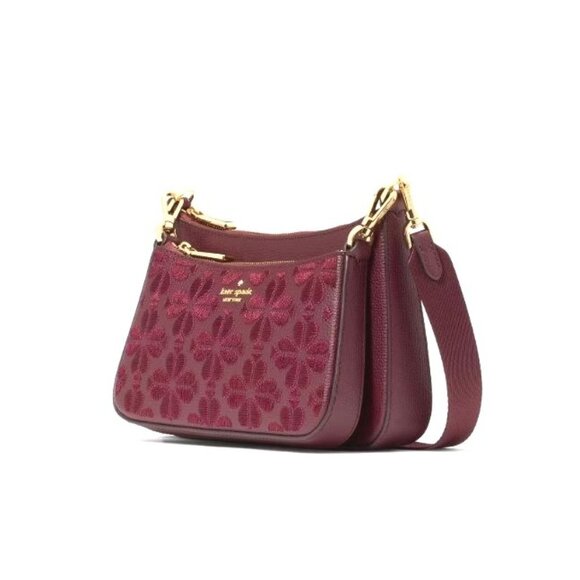 Kate Spade Womens Duet Wine Merlot Flower Grain Leather Small Crossbody New - Picture 2 of 11